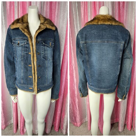Marvin Richards Faux Fur Lined Denim Jean Jacket Coat Size Large - Picture 1 of 13
